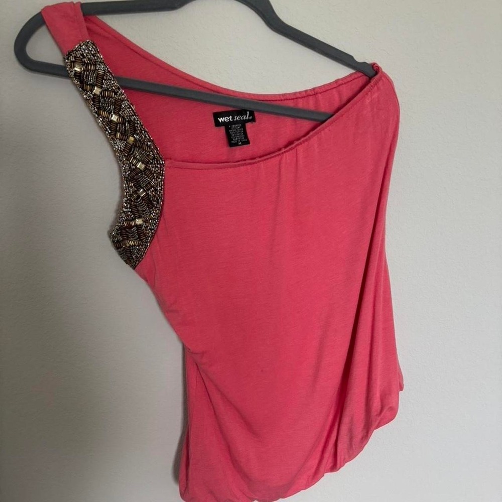Wet Seal Pink Beaded One Shoulder Sleeveless Stretch Tank Top Women's Regular M